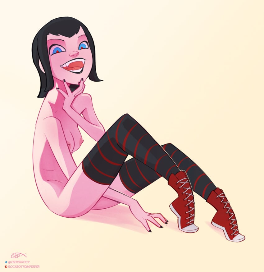 1girls arm_between_legs ass black_hair black_lipstick black_nail_polish black_nails breasts canvas_shoes converse cute cyan_eyes excited fangs hagfish hand_on_neck high_tops hotel_transylvania lipstick mavis_dracula nail_polish nipples nude open_mouth red_pupils red_shoes rockbottomfeeder shoes side_view sitting skinny small_breasts smile smiling_at_viewer sneakers thighhighs thighs