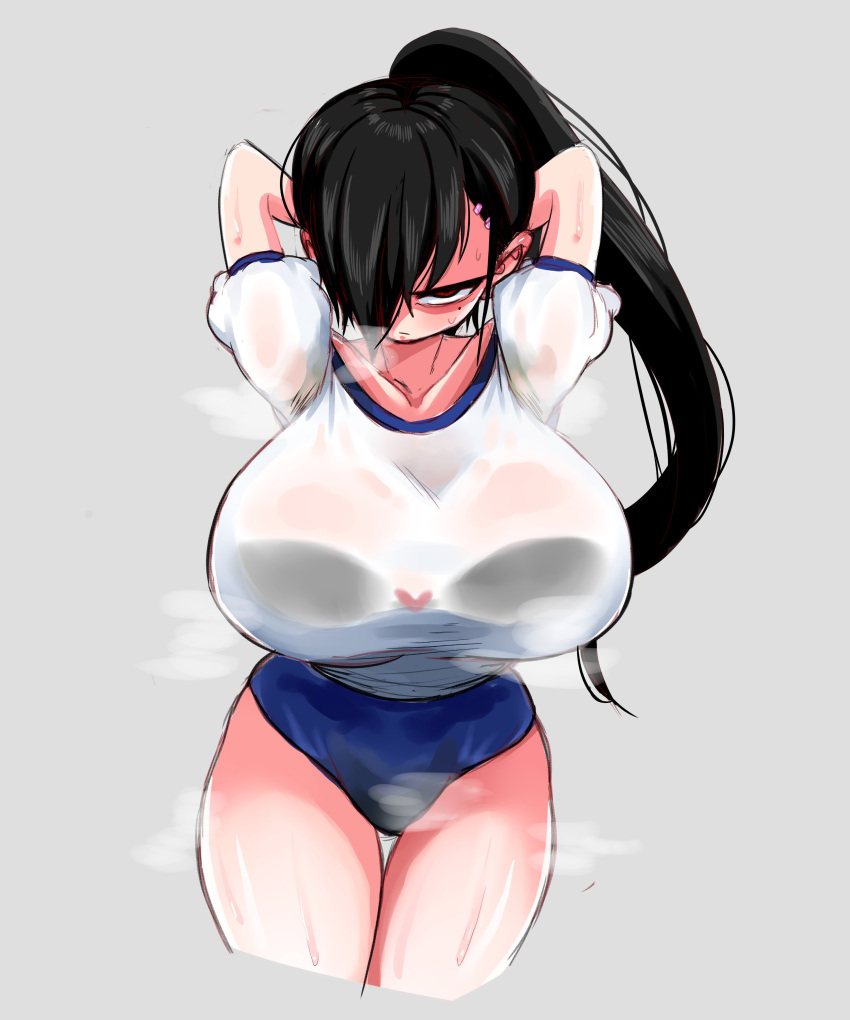 1girls angry_face arms_above_head black_hair bra gym_uniform huge_breasts original_character ponytail red_eyes shirt steaming_body sweat tuna_(artist) underwear wet_clothes