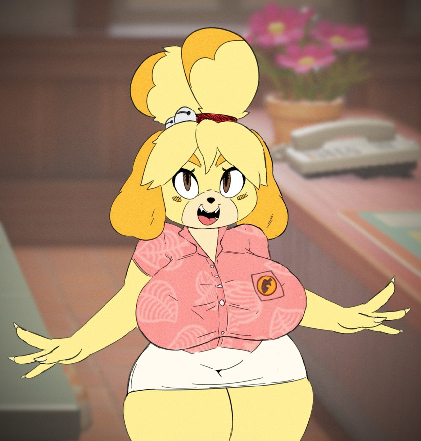 2d alternate_breast_size animal animal_crossing animal_crossing_new_horizons animal_ears animal_ears_headband anthro art_edit berkthejerk big_breasts big_chest big_hips big_thighs bra_visible_through_clothes breasts button button_down_shirt button_up_shirt buttons canine chest city_hall desk edit edited edited_art flowers furry hips indoors isabelle_(animal_crossing) nintendo office office_lady pink_shirt secretary smiling source_request thighs year_request