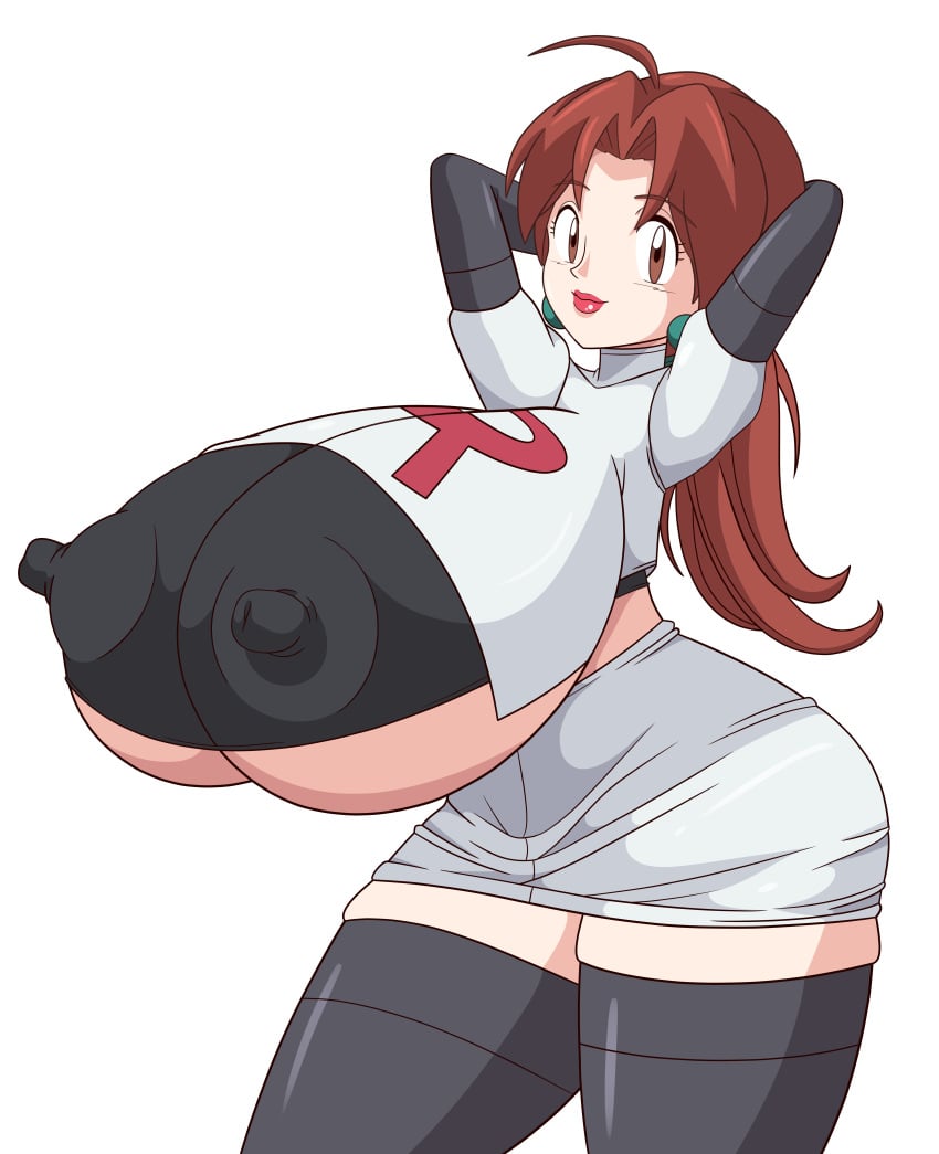 1girls alternate_breast_size areolae_visible_through_clothing arms_up big_areola big_breasts big_nipples brown_eyes delia_ketchum_(pokemon) enemy_conversion enormous_breasts enormous_nipples erect_nipples female female_focus female_only gigantic_areola gigantic_breasts gigantic_nipples huge_areolae huge_breasts huge_nipples jessie_(pokemon)_(cosplay) nipples_visible_through_clothing pokemon simple_background solo solo_female solo_focus team_rocket toshiso