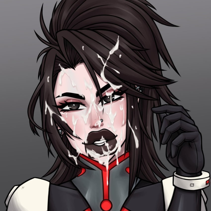 black_eyes black_hair black_lipstick cum_drip cum_in_hair cum_on_face cum_on_hair ear_piercing huge_lips looking_at_viewer nose_piercing nose_stud pale-skinned_female pale_skin piercing plugsuit ponytail raiounsfw raven-1_(sloppyoptics)