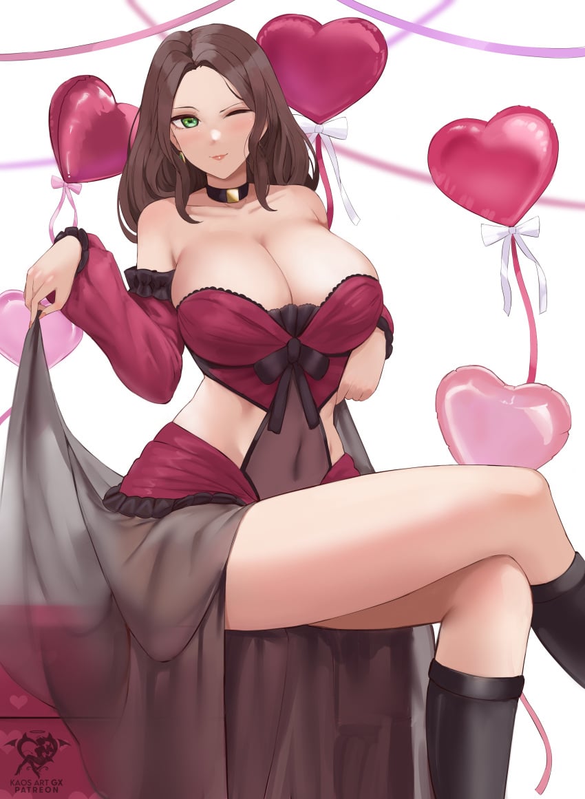 1girls absurdres alternate_costume balloon bare_legs black_hair boots breasts brown_hair choker cleavage crossed_legs dorothea_arnault dress female female_only fire_emblem fire_emblem:_three_houses gothic gothic_lolita green_eyes heart_balloon highres hips huge_breasts kaos_art legs light-skinned_female light_skin lolita_fashion long_hair nintendo one_eye_closed png post-timeskip ribbon simple_background sitting slim_waist smile solo source_request source_smaller thick_thighs thighs wide_hips wink