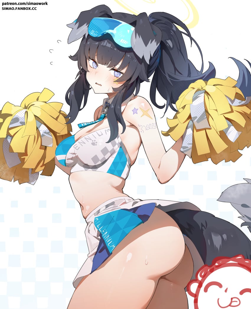 animal_ears ass ass_focus big_butt big_penis black_hair blue_archive blue_eyes blush breasts cheerleader cheerleader_outfit cheerleader_uniform dog_ears dog_tail engineering_department_(blue_archive) female female_focus female_only glasses glasses_on_head hibiki_(blue_archive) hibiki_(cheerleader)_(blue_archive) long_hair looking_at_viewer medium_breasts millennium_cheerleader_outfit_(blue_archive) millennium_science_school_student nervous pom_pom_(cheerleading) pom_poms ponytail simao_(x_x36131422) skirt thick_thighs thighs upskirt