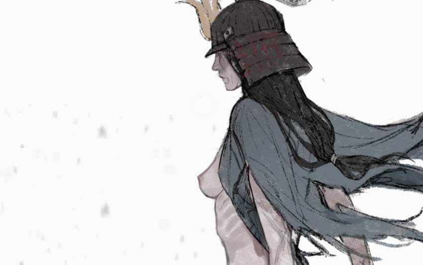 black_hair breasts_out female female_only fromsoftware genderswap_(mtf) headgear helmet isshin_ashina japanese_clothes kabuto_(helmet) long_hair low-tied_long_hair mature mature_female open_clothes pale-skinned_female pale_skin perky_breasts ponytail profile ribs rule_63 samurai sekiro:_shadows_die_twice skinny solo upper_body