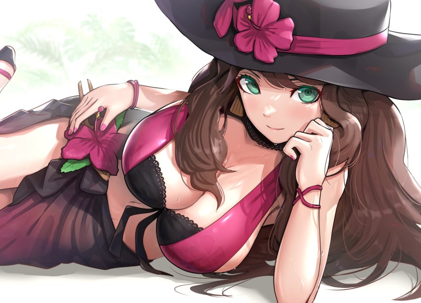 1girls alternate_costume bangs bikini black_headwear bracelet breasts brown_hair choker cleavage closed_mouth dorothea_arnault dorothea_arnault_(summer) earrings elbow_rest female female_only fire_emblem fire_emblem:_three_houses fire_emblem_heroes flower gonzarez green_eyes hand_on_hip hand_on_own_cheek hand_on_own_face hat hat_flower hibiscus highres jewelry large_breasts long_hair looking_at_viewer lying nail_polish navel nintendo official_alternate_costume on_side pink_nails purple_nails red_wristband revision sandals sarong sideboob smile solo sun_hat swimsuit two-tone_bikini water_drop wet