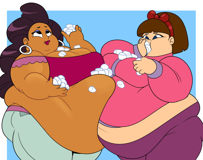 2girls absurd_res anne_maria_(tdi) big_breasts bowl_cut brown_hair cartoon_network clothed double_chin earrings eating food fresh_tv hair_ornament hi_res highres huge_belly latina light-skinned_female marshmallow obese obese_female overweight overweight_female purple_eyeshadow staci_(tdi) superspoe teletoon total_drama:_revenge_of_the_island total_drama_island