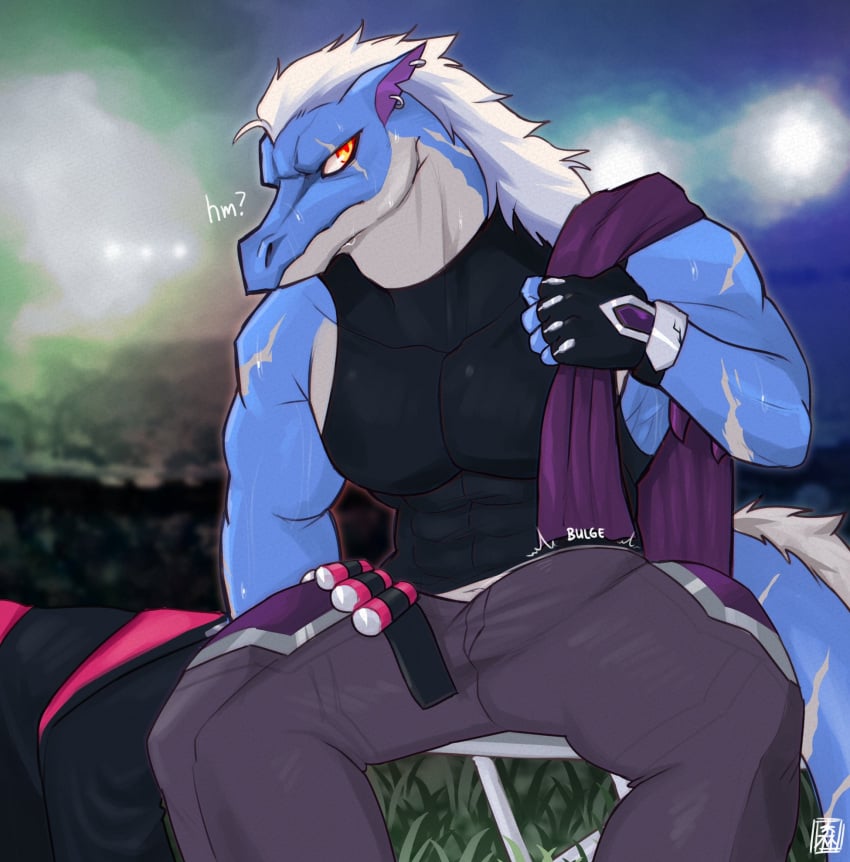 2022 abs bulge clothing digital_drawing_(artwork) digital_media_(artwork) drek'ar_(omega_strikers) ear_piercing exsys gloves hair handwear hi_res male omega_strikers piercing scalie shirt sitting solo tank_top topwear towel