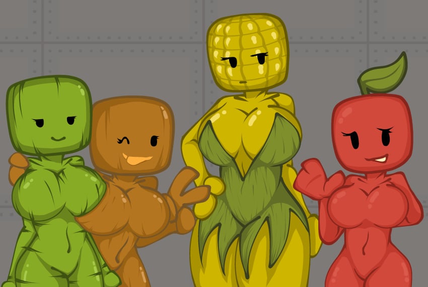 4girls apple apple_(melon_playground) big_breasts bozothel1zrd corn corn_(melon_playground) female female_only green_clothing green_skin leaf_hair melon melon_(melon_playground) melon_playground multiple_girls orange_skin plant_humanoid pumpkin pumpkin_(melon_playground) pumpkin_head red_skin size_difference squished_breasts tagme thick_thighs yellow_skin