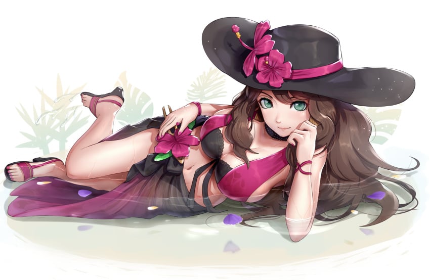 1girls alternate_costume bad_id bad_twitter_id black_headwear breasts brown_hair cleavage commentary dorothea_arnault dorothea_arnault_(summer) female female_only fire_emblem fire_emblem:_three_houses fire_emblem_heroes flower gonzarez green_eyes hat hibiscus high_heels highres large_breasts long_hair looking_at_viewer lying nail_polish navel nintendo official_alternate_costume on_side partially_submerged petals petals_on_liquid pink_nails sandals simple_background smile sun_hat swimsuit water white_background