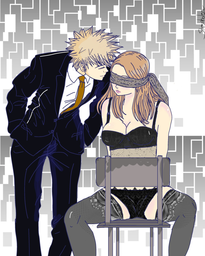 1boy 1boy1girl 1girls arms_behind_back black_socks blindfold blonde_hair camie_utsushimi cleavage clothed_male female femsub hands_behind_back katsuki_bakugou lingerie male maledom my_hero_academia on_chair socks spiky_hair straight strophalosx3 suit thigh_socks thighhighs