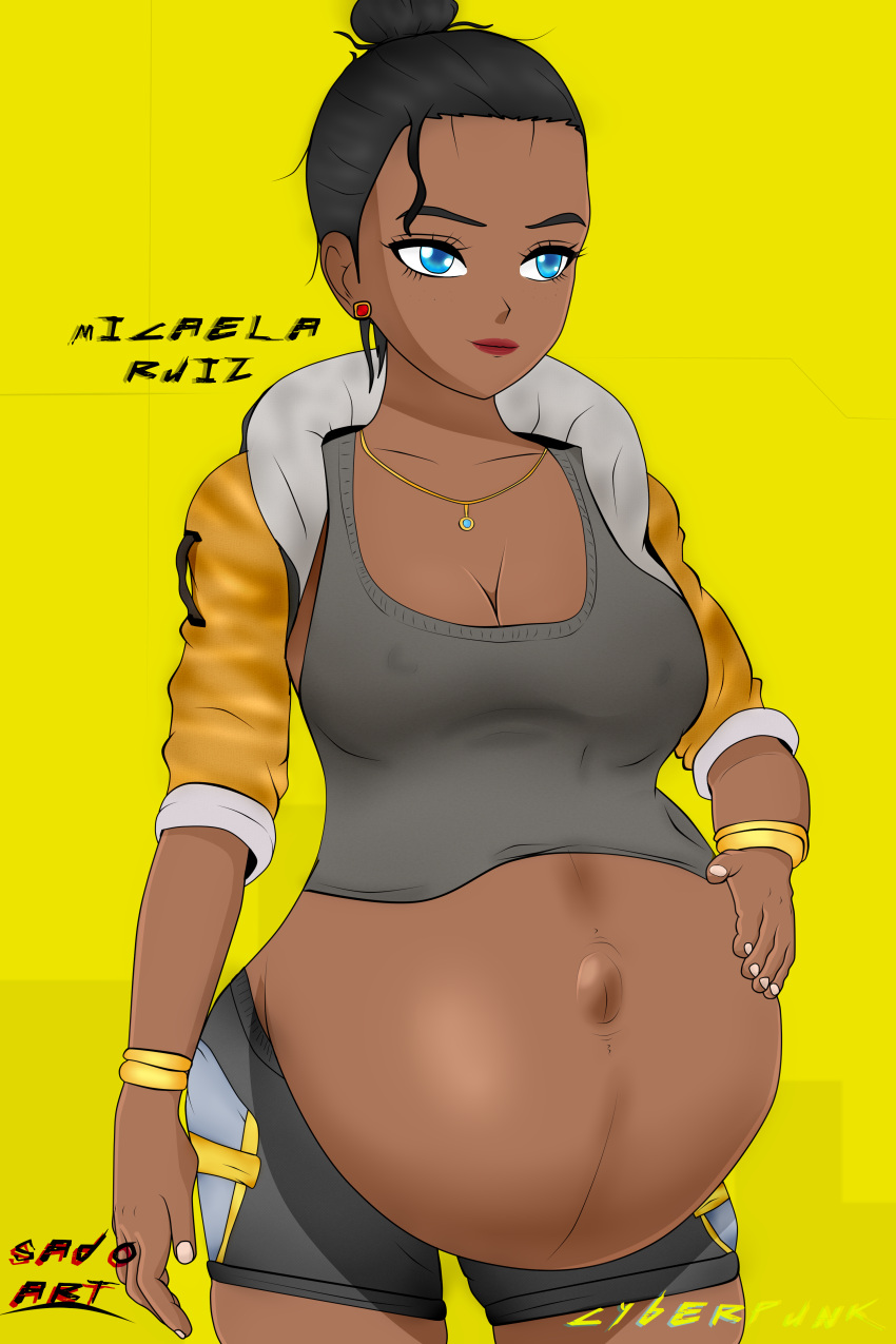 1girls belly big_belly big_breasts blue_eyes breasts cleavage cyberpunk_2077 dark-skinned_female dark_skin earrings female hand_on_belly latina linea_nigra micaela_ruiz nipple_bulge outie outie_navel pregnant sado_art