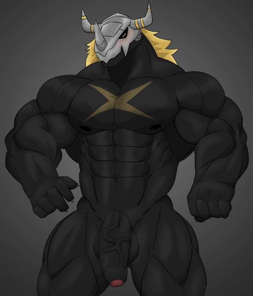 5_fingers abs anatake balls bandai_namco bara barazoku big_muscles black_body black_skin blackwargreymon blonde_mane blush digimon digimon_(species) fingers flaccid foreskin genitals glans glistening_muscles hi_res huge_muscles humanoid male male_only mane muscular muscular_arms muscular_humanoid muscular_male obliques pecs penis pink_glans quads scar shy simple_background solo vein veiny_penis