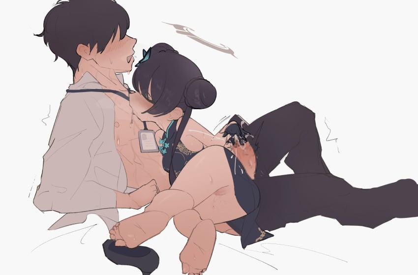 1boy 1girls ass bare_legs barefoot biting_own_lip black_dress black_glove black_gloves black_hair black_pants blue_archive blush breasts censored china_dress chinese_clothes collared_shirt commentary cum cum_on_gloves dongshi double_bun dress ear_blush faceless faceless_male feet female floral_print full_body genryumon_(blue_archive) glove gloved_handjob gloves grey_background grey_halo hair_bun halo handjob highres id_card kisaki_(blue_archive) lanyard licking_another licking_another&#039;s_chest light-skinned_female light-skinned_male light_skin long_hair long_sleeves lying mosaic_censoring motion_lines nipples orgasm pants partially_undressed penis profile pussy pussy_juice saliva sensei_(blue_archive) shanhaijing_secondary_school_student shirt shoes short_hair simple_background sleeveless sleeveless_dress small_breasts soles sweat toes trembling twintails twitching twitching_penis unbuttoned unbuttoned_shirt unworn_shoes white_background white_shirt