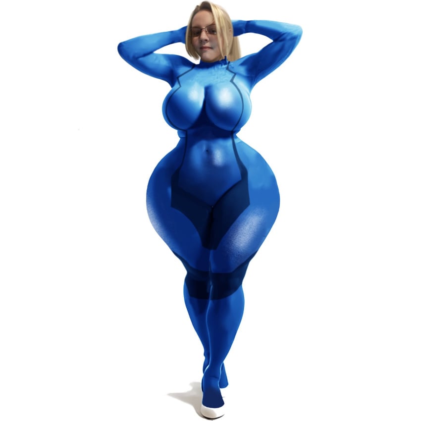 blonde_hair cosplay glasses milf ritechi samus_aran wide_hips zero_suit_samus_(cosplay)