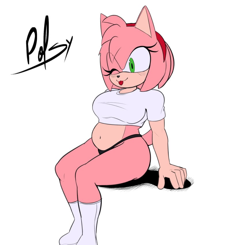 amy_rose chubby crop_top female furry sitting socks sonic_(series) thepolsy thong