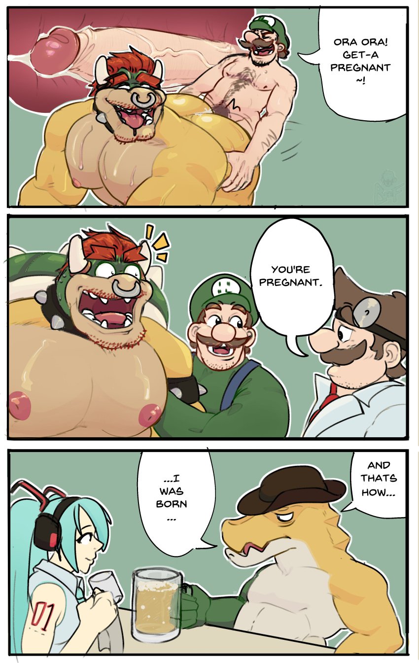 1girls 4boys absurd_res alcohol anal anal_sex anthro ass bareback beard_stubble beefkek beige_countershading beverage big_ass big_butt body_hair bowser brown_hair butt cum cum_inside doctor doggy_style dr._mario dr._mario_(series) english_text erection facial_hair facial_piercing female foreskin foreskin_folds from_behind_position glitch_productions gooseworx green_hat green_head gummigoo_(the_amazing_digital_circus) hat hatsune_miku hi_res horns human humanoid humanoid_penis intact internal italian koopa looking_pleasured luigi male male/male male_nipples mammal mario mario_(series) meme moobs muscles muscular_male mustache nintendo nose_piercing nude_male orange_hair overweight overweight_male penetration penis piercing pregnant pregnant_male retracted_foreskin scalie sex shocked shocked_expression size_difference slightly_chubby small_dom_big_sub surprised surprised_expression sweat sweatdrop sweating sweaty text the_amazing_digital_circus uncut veiny_penis vocaloid yellow_skin