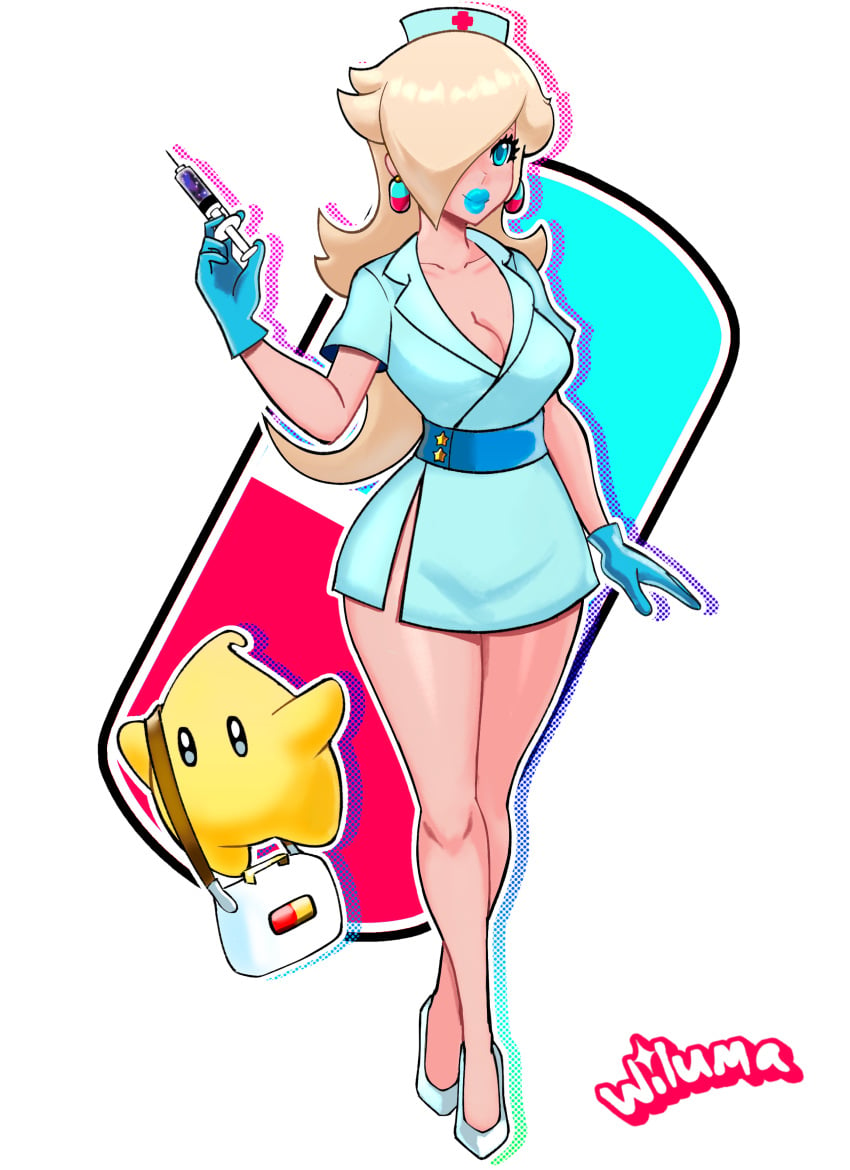 1girls alternate_version_available blonde_hair blue_eyes blue_lipstick cleavage dr._mario_(series) female female_only gloves high_heels looking_at_viewer luma mario_(series) nintendo nurse nurse_cap nurse_uniform pill_earrings princess_rosalina smile solo standing syringe tagme wiluma