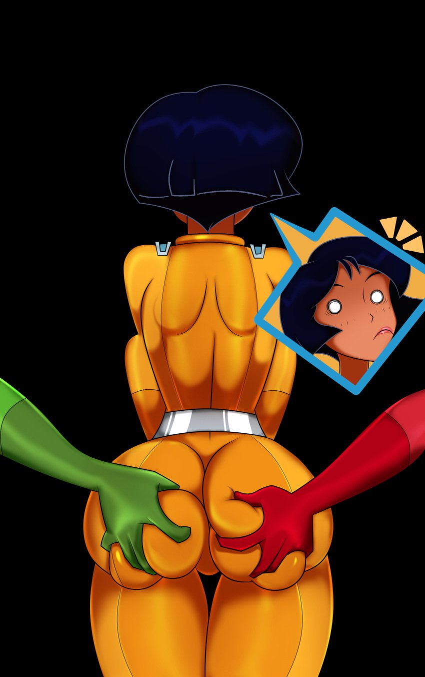 3girls alex_(totally_spies) ass_grab big_ass big_butt black_hair blush blush bubble_ass bubble_butt butt_grab clothed clothing clover_(totally_spies) dark-skinned_female dark_skin embarrassed grabbing_another's_ass grabbing_ass grimphantom oddrich sam_(totally_spies) totally_spies