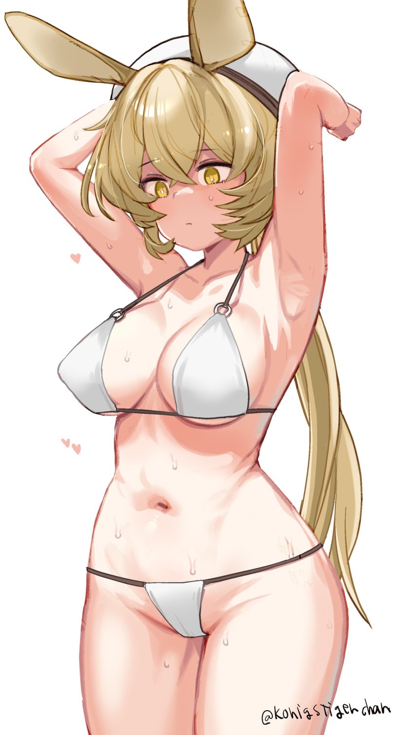 animal_ears arknights armpits bikini blonde_hair cleavage dorothy_(arknights) female female_only hat kemonomimi konigstigerchan micro_bikini revealing_clothes solo sweat sweating white_bikini yellow_eyes