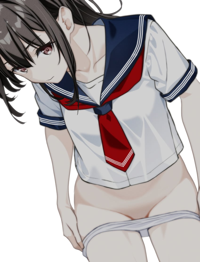 brown_eyes brown_hair commentary_request female highres long_hair moonsorrow original panties partial_commentary sailor sailor_collar school_uniform serafuku underwear undressing