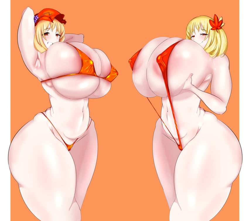 2girls alternate_breast_size areola_slip armpits arms_behind_head arms_up bikini blonde_hair breasts_bigger_than_head duo erect_nipples female female_only huge_breasts kaiman_dar_0414 leotard looking_at_viewer medium_hair minoriko_aki nipple_bulge shizuha_aki siblings side_view sisters sling_bikini smile smiling_at_viewer swimsuit thick_thighs thighs thunder_thighs touhou wide_hips