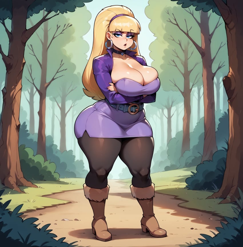 1girls ai_generated annoyed_expression belt big_ass big_breasts blonde_hair blue_eyes boots crossed_arms curvy_female curvy_figure disney dress earrings female female_only gravity_falls headband hourglass_figure jacket large_breasts leggings light-skinned_female light_skin long_hair looking_at_viewer makeup outdoors pacifica_northwest smogai standing thick thick_thighs voluptuous voluptuous_female wide_hips winter_boots