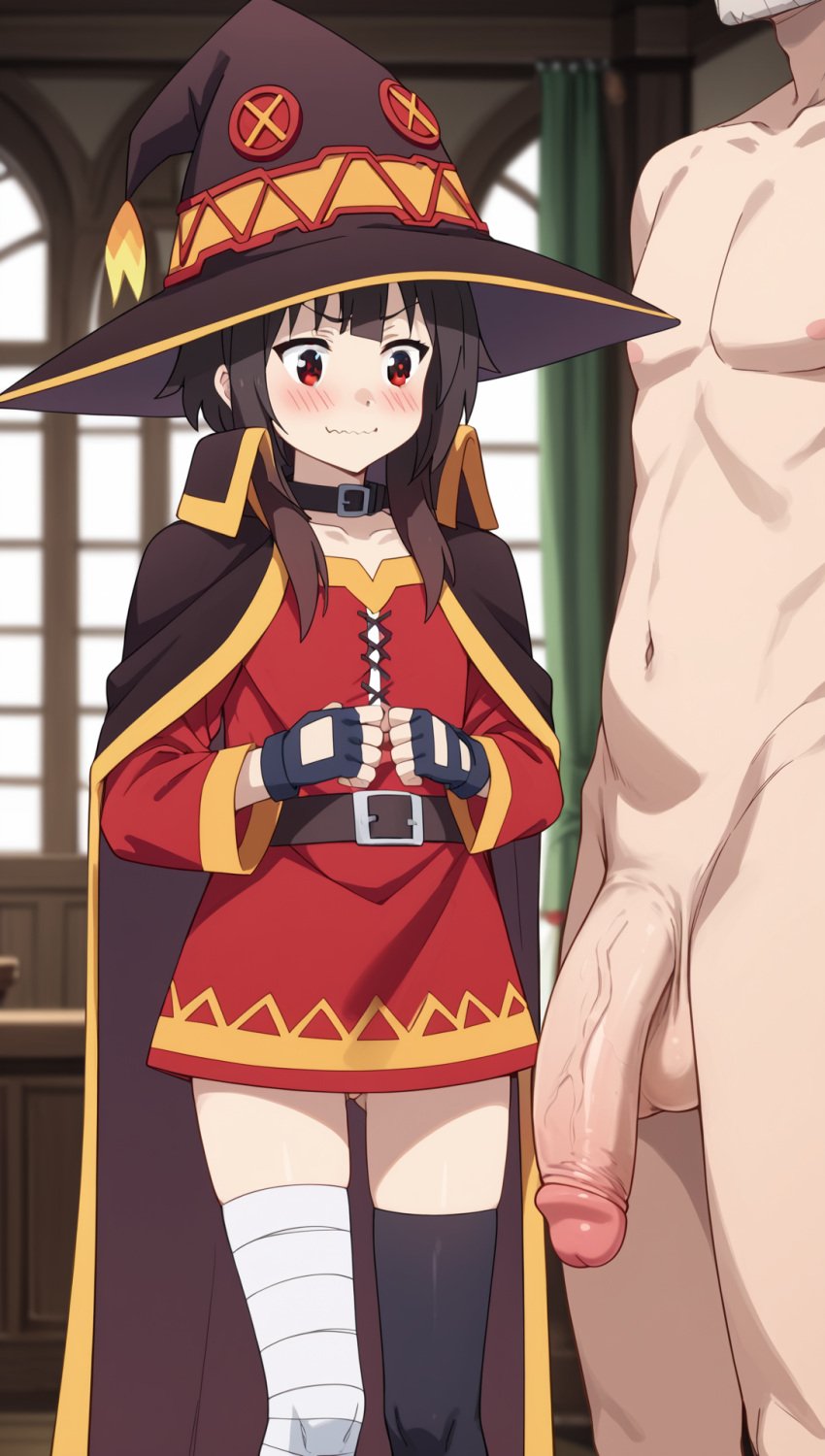 ai_generated aivachan_ai asymmetrical_legwear bandage blush brown_hair choker clothed_female faceless_male hat huge_balls huge_cock indoors kono_subarashii_sekai_ni_shukufuku_wo! looking_at_penis megumin nervous nervous_smile nude_male red_eyes robe size_difference thighhighs wavy_mouth witch