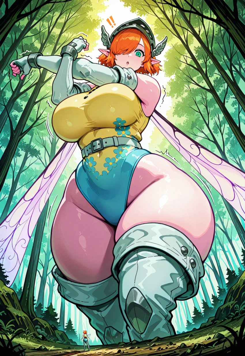 absurd_res ai_assisted ai_generated armour atlus blue buttons civitai ear eyes fairy fantasy female floral forest forest_background front_view gallica giantess grey hair hairband highres hourglass_figure huge_breasts leotard looking_down macro_female macrophilia metaphor:_refantazio mythological_creature one orange orange_hair over pointy print short size_fetish sleeveless solo solo_female stretching tall_female thick_thighs video_game_character video_games wings yellow