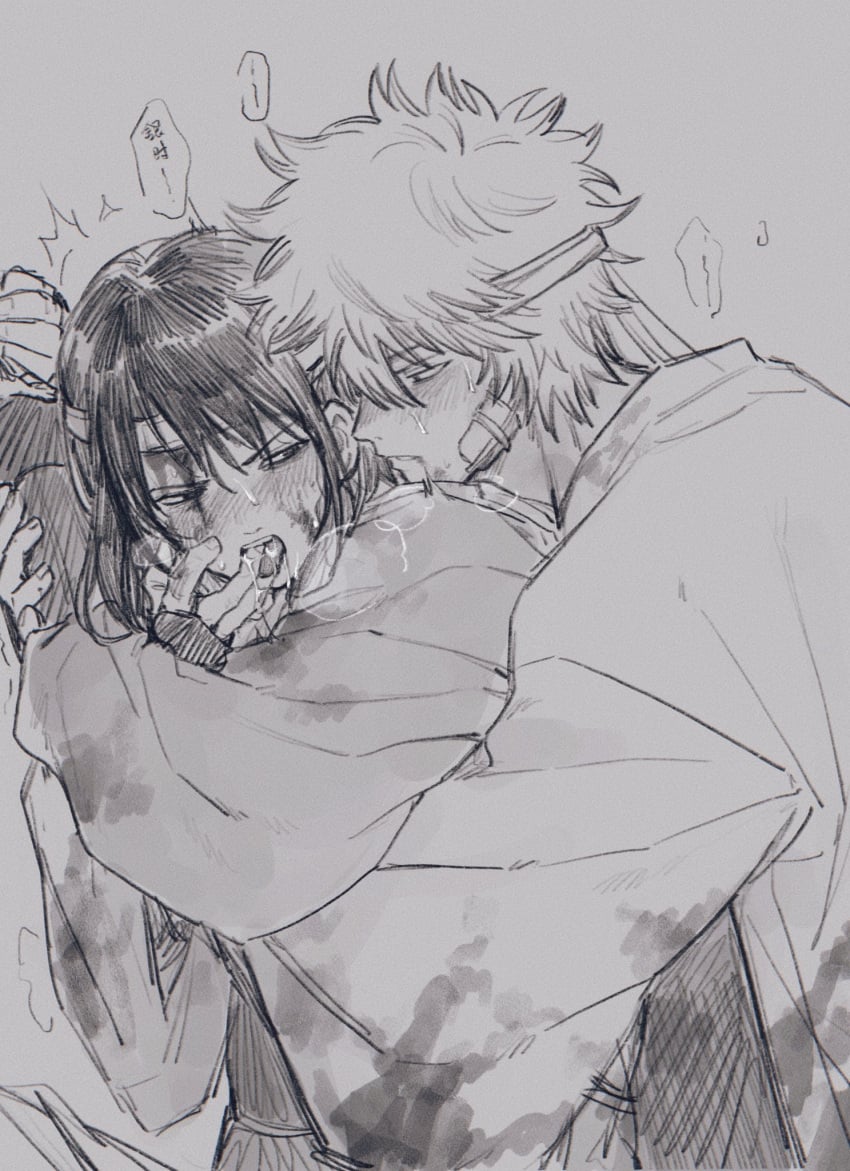 2boys aged_down bandages blush breath finger_in_another&#039;s_mouth from_behind gay gintama gintoki_sakata haori headband implied_anal implied_sex katsura_kotarou llemonyyyy looking_back male monochrome no_visible_genitalia official_alternate_costume open_mouth samurai sweat tongue_out yaoi