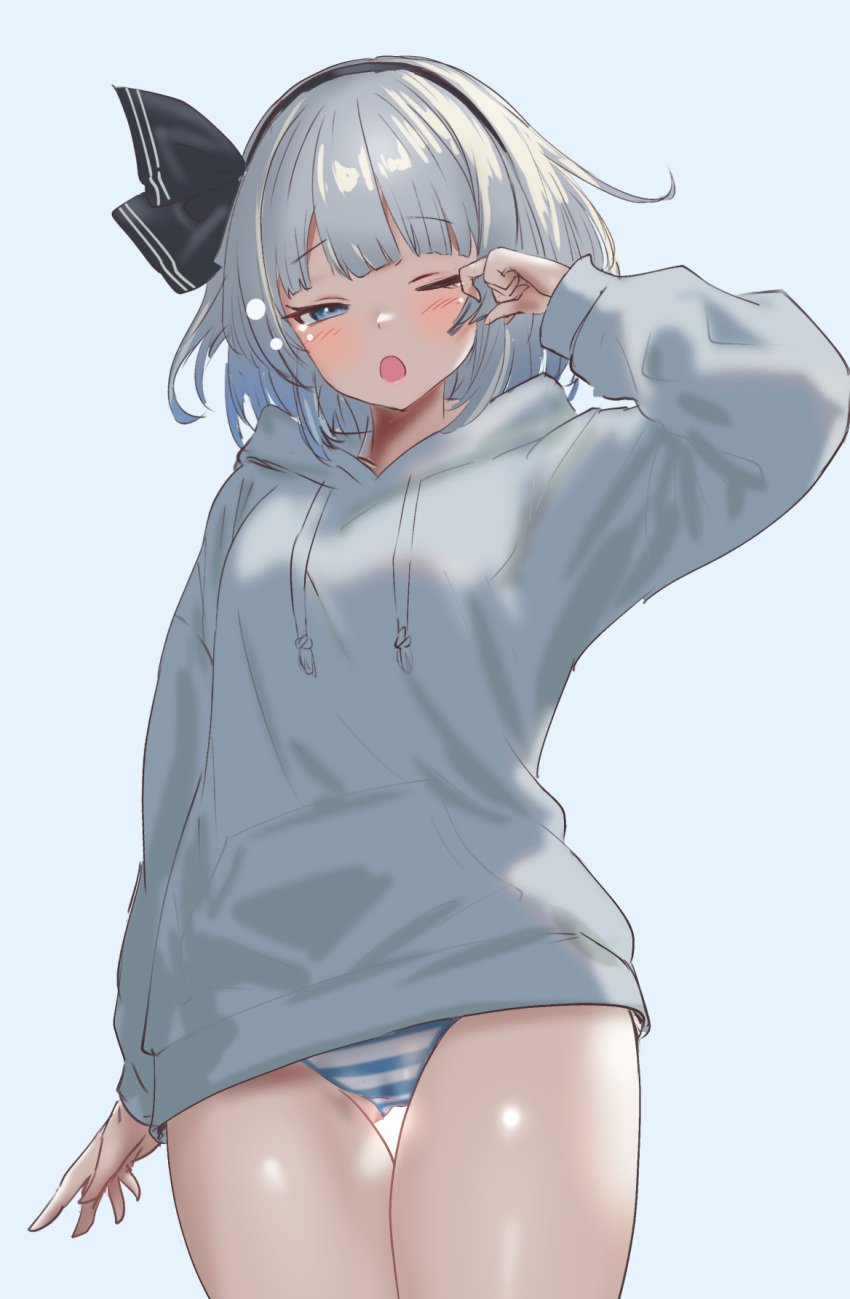 ;o ass_visible_through_thighs black_hairband blush female grey_hair grey_hoodie hairband highres hood hoodie konpaku_youmu long_sleeves no_pants one_eye_closed panties pussy_juice_stain simple_background sleepy soara_shimomo solo striped_clothes striped_panties thigh_gap touhou two-tone_panties underwear yawning