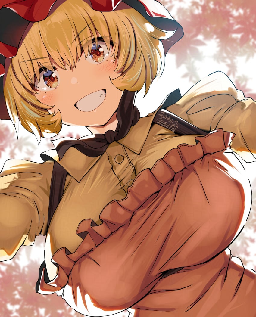 belko blonde_hair diagonal_angle female_only jpeg large_breasts looking_at_viewer minoriko_aki smile solo solo_female touhou upper_body