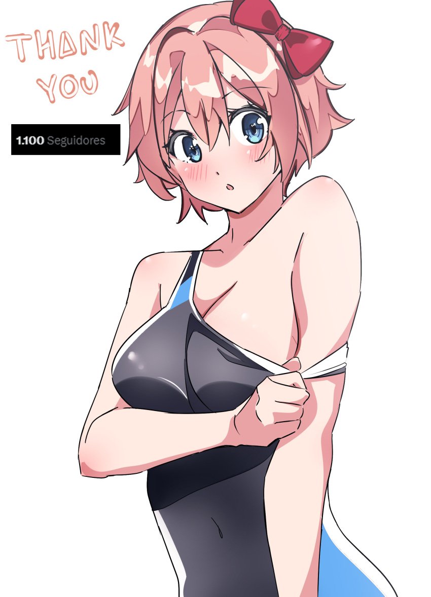 blue_eyes blush coral_pink_hair doki_doki_literature_club female_only just_sayori niwd__3 sayori_(doki_doki_literature_club) swimsuit