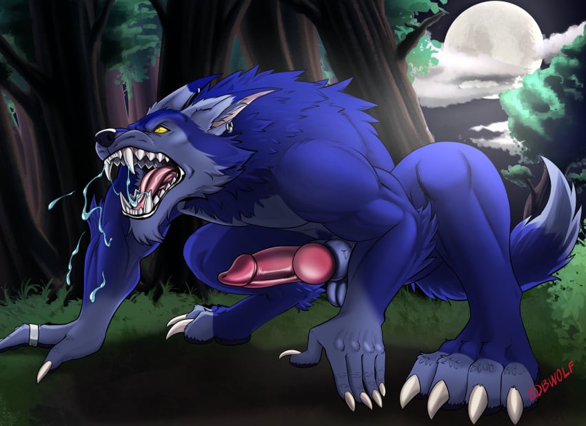 absurd_res anthro blue_body canid canine edbwolf erection forest full_moon hi_res knot male mammal moon muscular mythological_canine mythological_creature mythology night plant roaring solo tree were werecanid werecanine werewolf