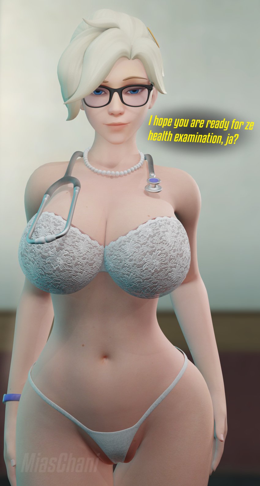 1girls 3d 3d_(artwork) accent angela_ziegler big_ass big_breasts blizzard_entertainment blonde_female blonde_hair blue_eyes bra cleavage doctor european european_female g-string german german_accent glasses hospital imminent_sex looking_at_viewer looking_pleasured mercy miaschani naughty_face overwatch overwatch_2 partially_clothed ready_for_sex ready_to_fuck seductive seductive_eyes seductive_look seductive_smile short_skirt solo solo_female solo_focus stethoscope swiss swiss_female text text_bubble thick_thighs underwear wide_hips