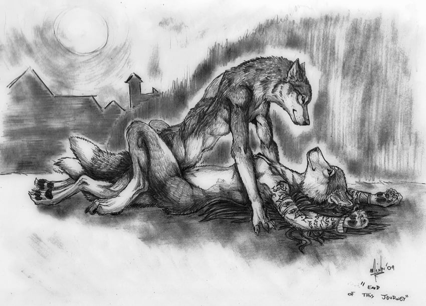 anthro canine couple darksilver female fur furry intimate male missionary_position moon on_back outside sex straight tattoo tied were wolf