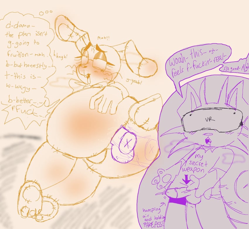 anal anal_sex animatronic anthro_on_anthro big_ass big_butt boyfriends_oc dialogue femboy five_nights_at_freddy's five_nights_at_freddy's:_help_wanted glitchtrap glitchtrap_(fnaf) heavy_breathing humping_air not_visible_cock oc offscreen_character offscreen_male small_balls starbo_(artist) text_bubble vr_headset