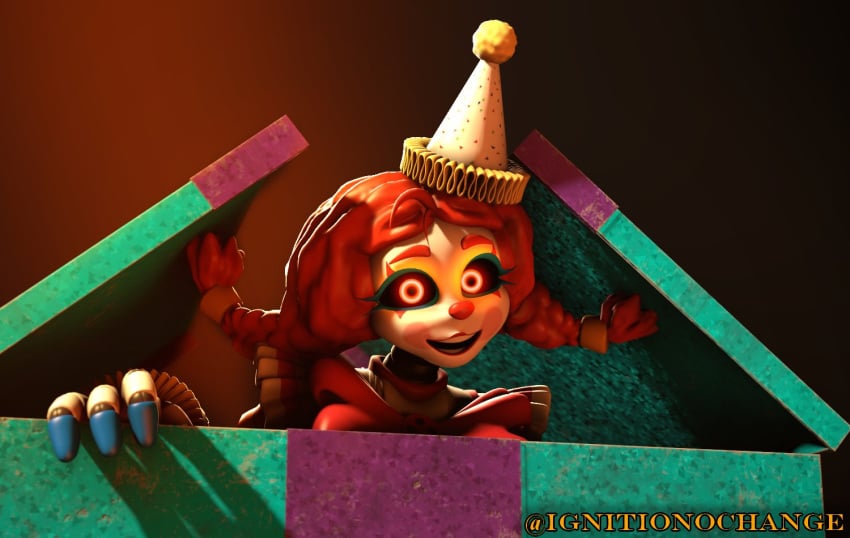 1girls 3d 3d_(artwork) 3d_model animatronic ass ass_up big_breasts bowtie braid braided_hair breast_press breasts button button_down_shirt cheerful clothed clown clown_girl clown_makeup clown_nose creepy dangerous eyeliner face_down_ass_up five_nights_at_freddy's five_nights_at_freddy's:_secret_of_the_mimic headwear highres huge_breasts jack_in_the_box_(toy) jackie_(fnaf) jackie_(mishuuyu) looking_at_viewer microskirt party_hat peeking_out red_eyes red_hair robot robot_girl shirt short_skirt skirt solo the_mimic_(fnaf) tutu twintails white_skin