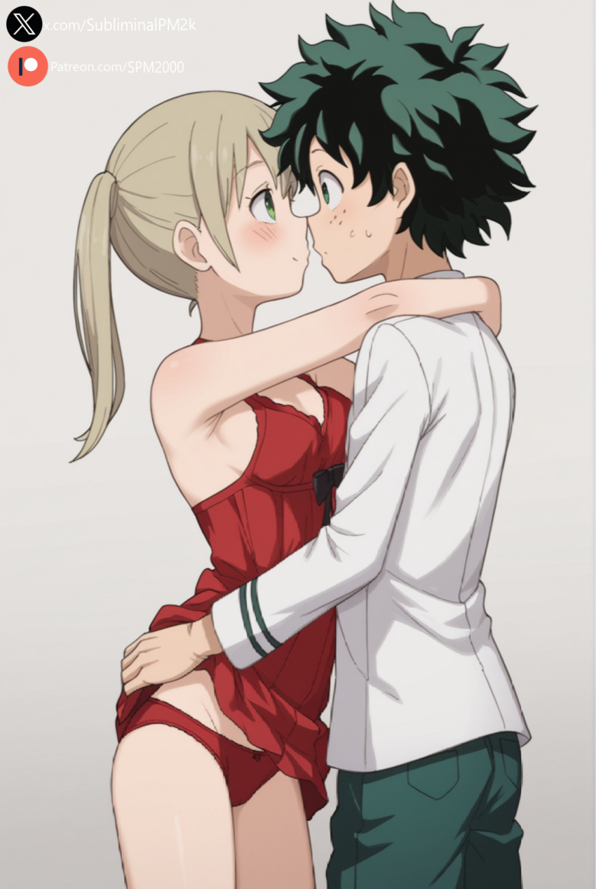 1boy 1girls ai_generated blush blush_lines crossover female freckles freckles_on_face green_hair izuku_midoriya light_skin maka_albarn male my_hero_academia no_sex nose_to_nose soul_eater spm2000 teenager teenager_on_teenager teenagers tie tied_hair underwear undressing undressing_another white_background