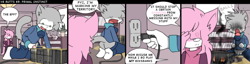 aeris_(vg_cats) bell comic dialogue doing_it_wrong electrocution english_text feline female grey humor leo_(vg_cats) male orangebox peeing penis pink tail text vg_cats vgbutts