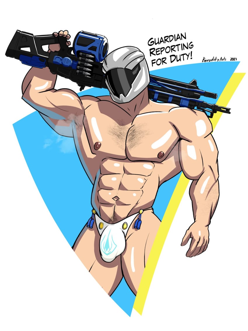 1boy barodityarts destiny_(game) destiny_(video_game) destiny_2 guardian_(destiny) gun helmet helmet_only male male_only masked_male muscular muscular_male ranged_weapon solo_male thong titan_(destiny) topless_male underwear weapon