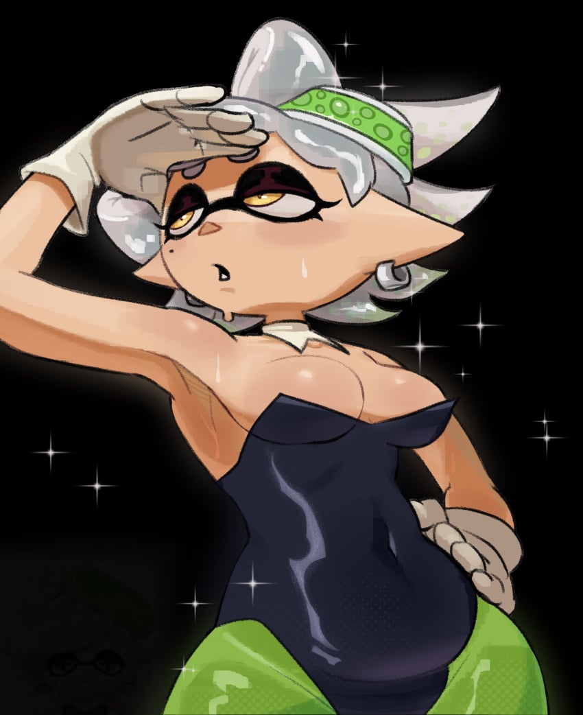 arm_up armpit_crease armpit_peek armpit_pose armpit_sex_invitation armpits earrings female gloves grey_hair hat kitapult leotard marie_(splatoon) pantyhose presenting_armpit presenting_armpits splatoon yellow_eyes