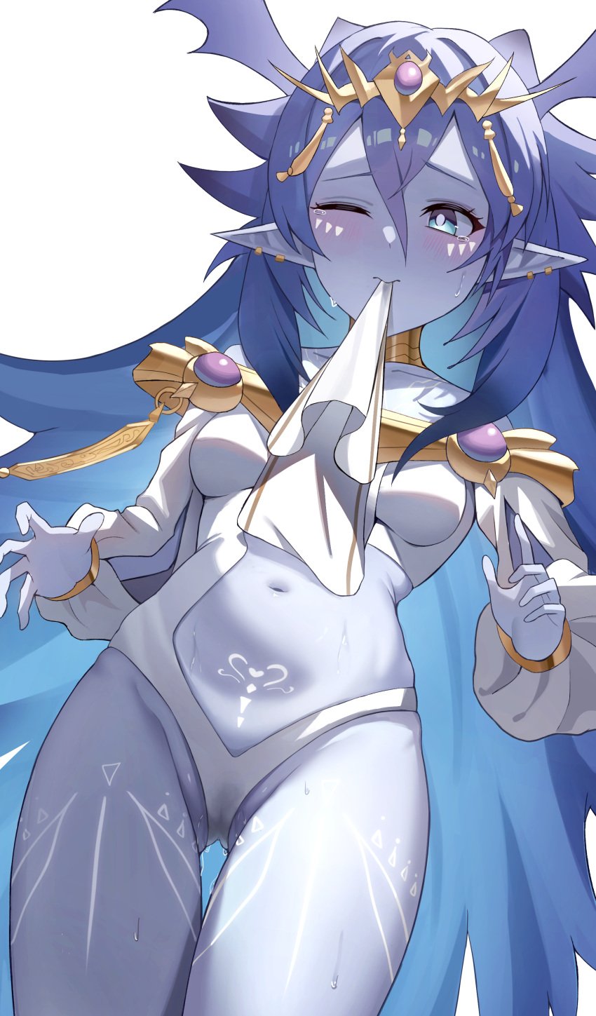 absurdres back_tattoo blue_eyes blue_hair blue_skin blush breasts clothes_in_mouth colored_skin dominus_impulse dress duel_monster ear_piercing embarrassed female gold_collar hair_between_eyes head_wings highres hip_dips long_hair looking_down medium_breasts navel one_eye_closed open_hands partially_visible_vulva piercing pointy_ears pussy_juice pussy_juice_stain simple_background standing sweat tattoo tears tiara tramp_stamp unnunal_(unneonal) very_long_hair white_background white_dress white_sleeves wings yu-gi-oh!