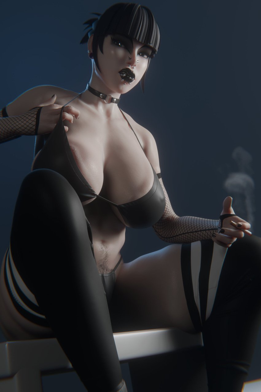 3d bikini black_hair busty female female_focus female_only goth goth_girl hourglass_figure madeline_zoldak makeup pubes pubic_hair pubic_hair_peek sitting tagme valenok wide_hips