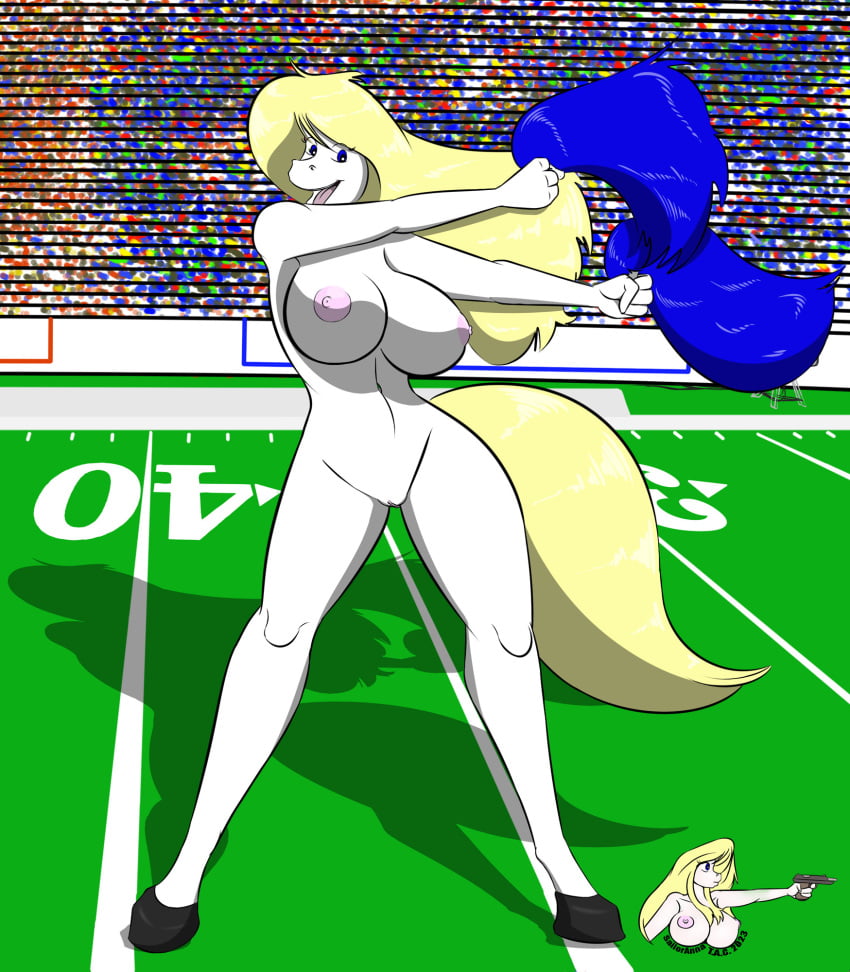 anna_(sailoranna) anthro big_breasts blonde_hair blue_eyes breasts english_text equid equine female fur genitals group hair hi_res hooves horse mammal navel nipples nude open_mouth pink_nipples pom_poms pussy sailoranna solo_focus tail text unguligrade_anthro white_body white_fur