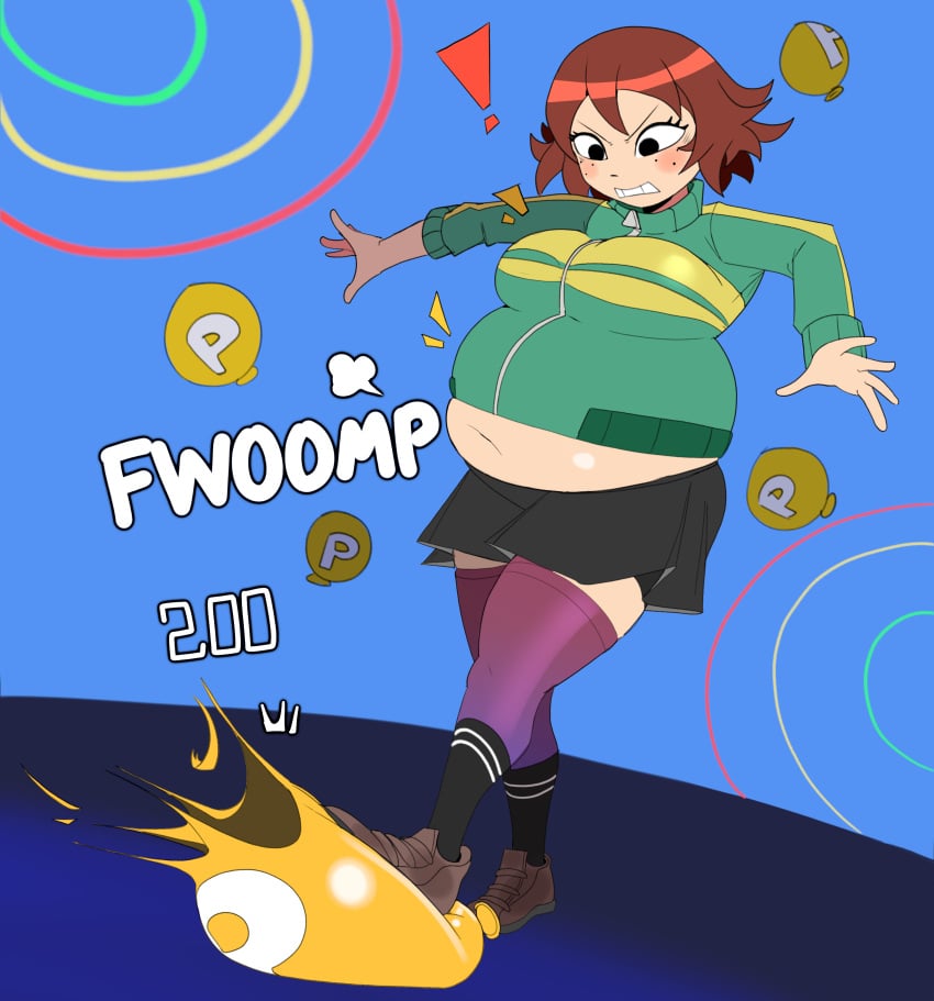 belly belly_bulge belly_button belly_expansion black_eyes black_pupils blue_background brown_hair confused cute cute_face exclamation_mark green_jacket inflated_belly inflation inflation_fetish kim_pine miniskirt navel nuumatic p-balloon points purple_thigh_highs purple_thigh_socks purple_thighhighs scott_pilgrim skirt super_mario_bros. super_mario_world surprised thigh_high_socks thigh_high_stockings thigh_highs thighhighs video_game video_game_reference video_games white_body white_skin white_skinned white_skinned_female