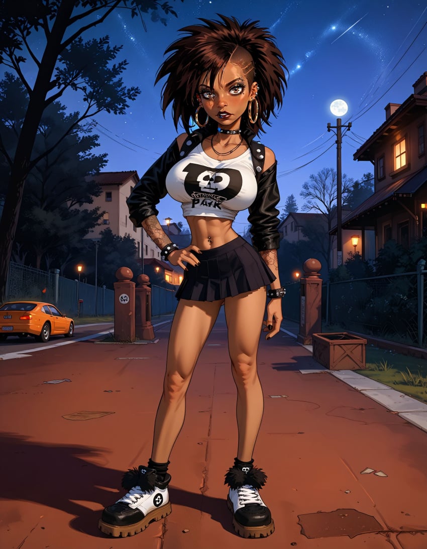 1girls ai_generated big_breasts big_hair body_bags brown_hair dark_skin earrings female female_only green_eyes hoop_earrings kneeling large_breasts latina latina_female long_hair looking_at_viewer looking_back midriff panda_delgado panties solo tank_top white_tank_top