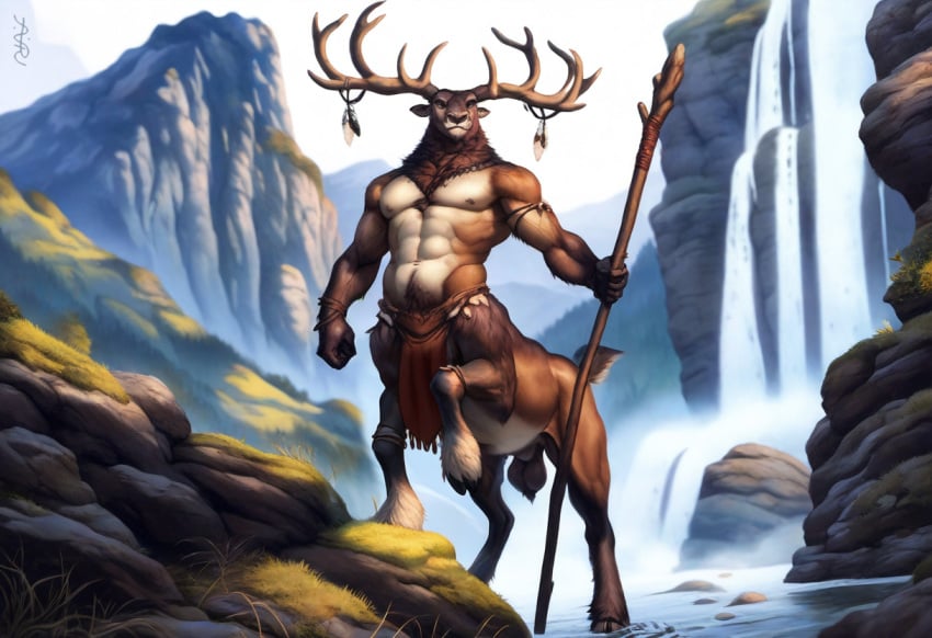 1boy 2024 ai_generated anthro antlers avaru black_nose brown_body brown_fur cervine cervine_antlers cervine_genitalia cervine_humanoid cervine_taur clothing elk feathers fur hooves humanoid landscape looking_at_viewer male male_focus male_only mammal mountain multicolored_body multicolored_fur muscular muscular_male nature nature_background nipples primal_wilds solo tagme taur testicles tuft tufted_fur water waterfall