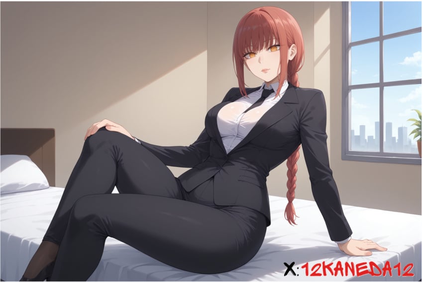 12kaneda12 ai_generated chainsaw_man large_breasts makima_(chainsaw_man) on_bed small_waist smiling_at_viewer suit watermark wide_hips