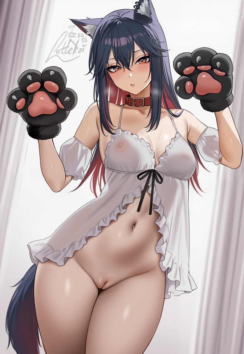 absurdres ai_assisted animal_ear_fluff animal_ear_piercing animal_ears animal_hands arknights artist_name babydoll bangs bare_shoulders black_hair blue_eyes blush breasts cleft_of_venus collar collarbone commentary contrapposto covered_nipples cowboy_shot curtains detached_sleeves digital_media english_commentary female frills gloves hair_between_eyes highres1girl indoors lattekoi5252 light-skinned_female light_skin long_hair looking_at_viewer medium_breasts multicolored_eyes multicolored_hair navel nipples orange_eyes parted_lips paw_gloves paw_pose pussy red_collar red_hair ribbon see-through signature solo solo_female standing sweat tail texas_(arknights) thigh_gap thighs uncensored vagina white_babydoll wolf_ears wolf_girl wolf_tail