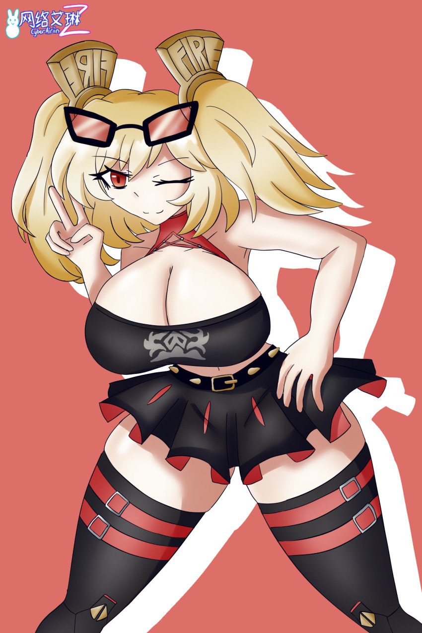 2024 airiin220 big_breasts blonde_hair breasts burnice_white cleavage cyberairiin_(airiin220) eyewear_on_head female female_only stockings zenless_zone_zero